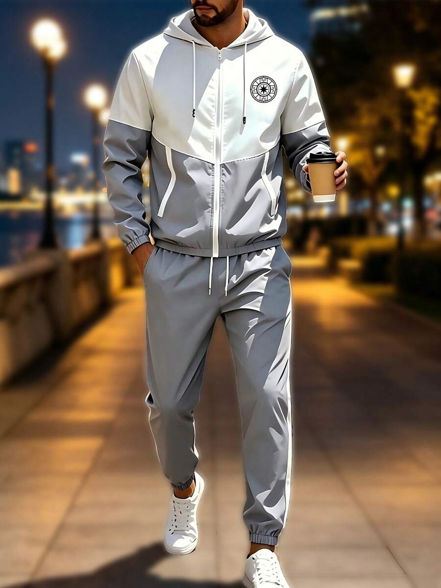 男士春秋拼接配色2件式運動套裝 | 連帽拉鍊外套 + 抽繩束口長褲,指南針印花休閒戶外穿搭 - 灰色 - 查看 1
