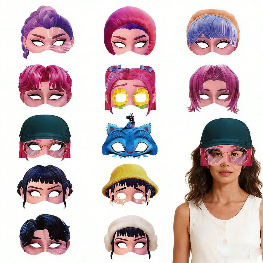 Hasbro 12个女团主题纸质面具，派对拍照道具半脸面具，粉丝节礼物，款式随机 - 彩色 - 查看 1