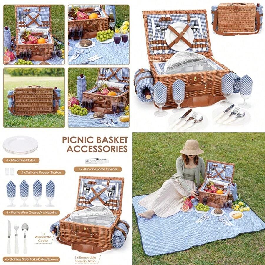 Cesta de picnic para 4 cestas de picnic aisladas con correa para el hombro cesta de picnic con manta impermeable cesta de mimbre hecha a mano para exteriores gran regalo para Acción de Gracias - Azul y Blanco a cuadros - Ver 1