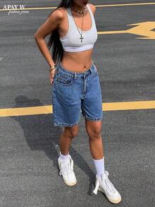 Women's Solid Color Casual Bermuda Denim Shorts, Summer - 深色洗 - 查看 3