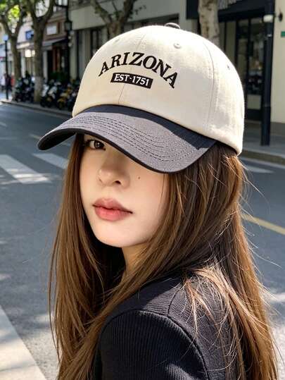 1 chiếc mũ lưỡi trai phối màu phong cách đường phố Âu-Mỹ, mũ vành cong thêu chữ mùa xuân/hè, mũ snapback đa năng unisex dành cho học sinh.