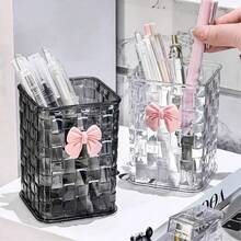 Acrylic Desktop Pen Holder - Transparent Pen Holder Storage Box, Makeup Brush Cup - With Bow Decor - Back To School Accessory, Teacher's Day Gift (Transparent) - Multicolor - View 6