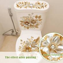 1pc Luxury Gold-Plated Pearl Flower Toilet Sticker, Self-Adhesive Removable Waterproof Bathroom Toilet Seat Decorative Renovation Creative Decal - Pearl Flowers - View 5