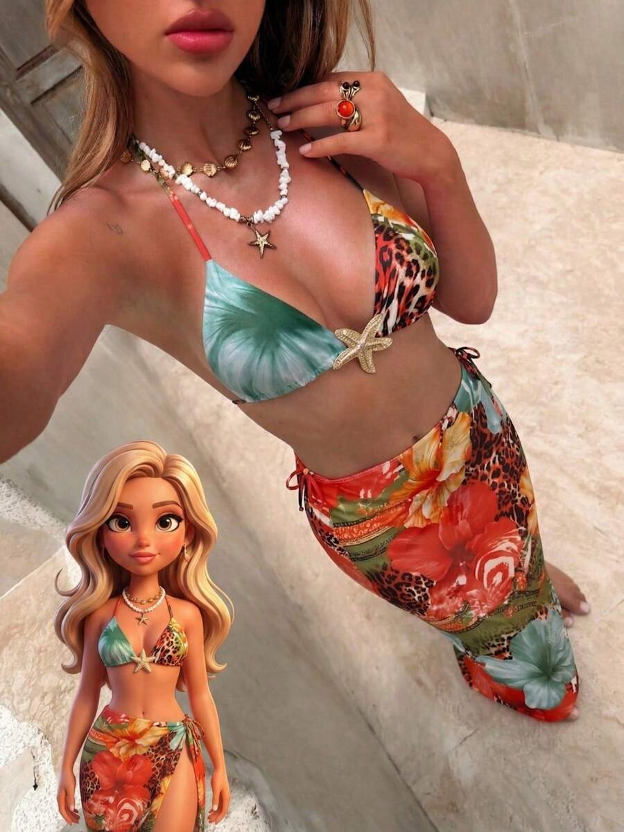 Bộ bikini mùa hè mới dành cho nữ, họa tiết da báo, kiểu dáng buộc dây cổ, gợi cảm và thanh lịch, kèm áo khoác ngoài và váy, rất cần thiết cho các bữa tiệc bãi biển, hẹn hò và kỳ nghỉ. - Nhiều màu - Xem 1