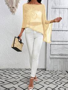 Plus Size Women's Asymmetric Design Poncho-Style Knit Top, Suitable For Spring, Summer And Autumn Beach/Holiday Wear - Yellow - View 6