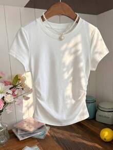 Áo thun nữ mùa hè mới, kiểu dáng thường ngày, cổ tròn, tay ngắn, ôm eo, thời trang, đa năng. - trắng - Xem 4