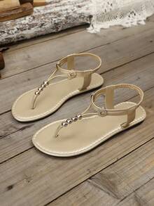 Nuevas sandalias planas de mujer con diseño de chanclas con hoja y rhinestones, de moda, elegantes, cómodas y versátiles, adecuadas para caminar y usar en casa - Dorado - Ver 3
