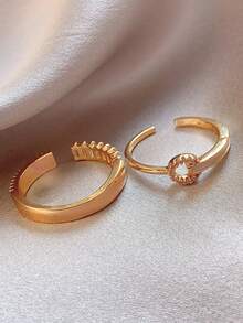 2件套奢华时尚优雅个性化小众百搭立方氧化锆几何开口戒指套装，适合女性日常、节日、派对佩戴 - 金色 - 查看 7
