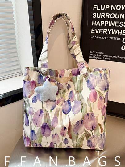 2026 Summer Ditsy Floral Large Capacity Casual Chic Canvas Tote Shoulder Bag For Women