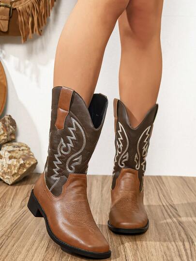 Cowboy Boots For Women, New Bohemian Style Brown Vintage Western Embroidered Square Toe Chunky Heel Pull-On Mid-Calf Boots