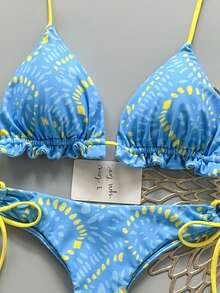 2 pièces Maillot de bain Bikini bohème élégant sexy avec perles et pois, couleur unie décontractée. Idéal pour la plage, les vacances de printemps/été - Bleu ciel - Voir 4