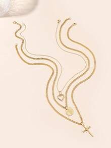 3pcs 18K Gold Plated Stainless Steel Hollow Heart, Evil Eye Bracelet, Large Cross Pendant Necklace Set, Double-Sided Polished Necklace With 45cm O-Chain, Adjustable Length. Fashionable European And American Style, Suitable For Women's Daily Decoration Or Gifts. - Yellow Gold - View 4