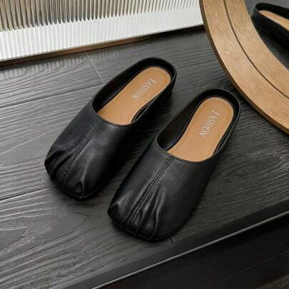 Pleated Square Toe Slip-On Slippers, Korean Casual Loafer Flat Comfortable Backless Sandals, Fashionable & Versatile