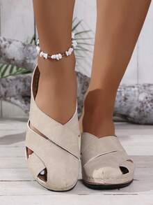 時尚舒適百搭耐穿編織平底拖鞋，套腳休閒厚底媽媽鞋，適合戶外穿著，女款包頭楔跟鞋 - 米色 - 查看 5