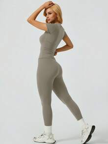 NcmRyu Women's Solid Color Minimalist Short Sleeve & Pants Sports Suit Set Summer - Grey - View 3