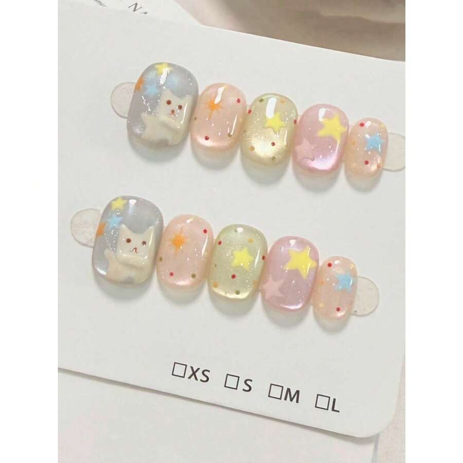 10pcs Handpainted Cute Cat Star Nail Stickers, Colorful Polka Dot Stars, Shiny Faux Pearl Cat Eye, Short Press-On Nails, Cute & Sweet For Daily Wear, Short Square Detachable False Nails, Suitable For Women, Girls And DIY Nail Art Enthusiasts Nail Supplies Handmade Press On Nails - 彩色 - 查看 1