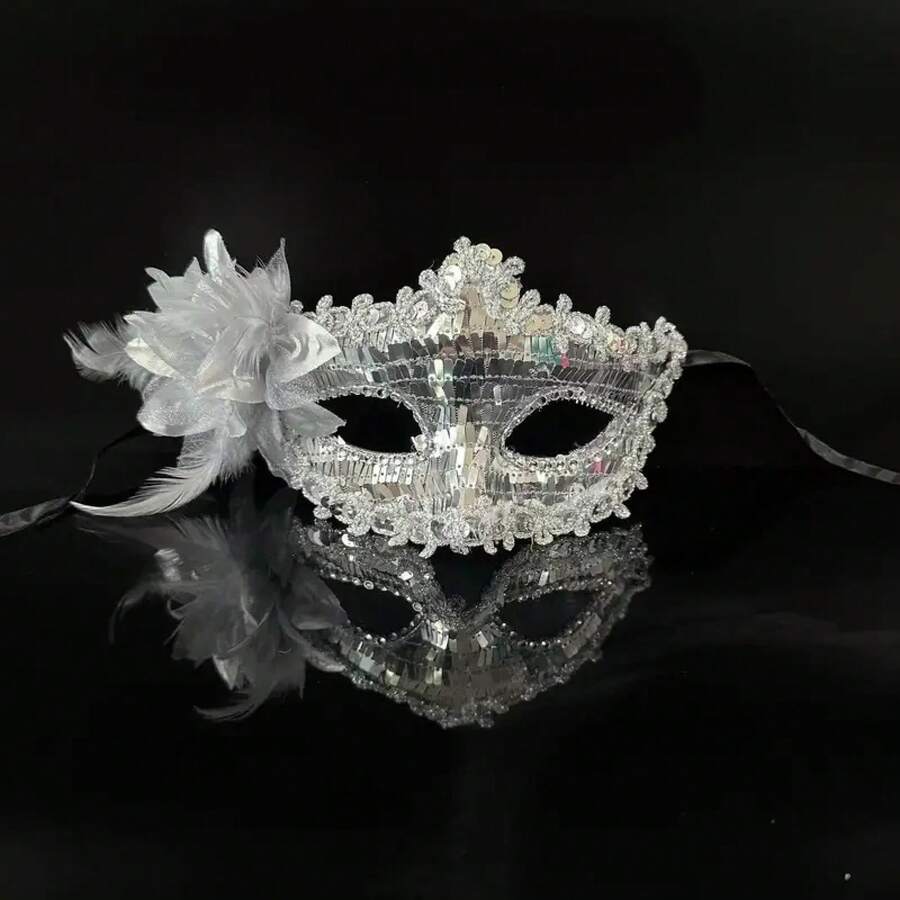 Feather Flower Sequin Venetian Mask Sexy Ladies' Masquerade Ball Dance Party Decorative Performance Costume Prop Christmas Mask - 銀 - 查看 1