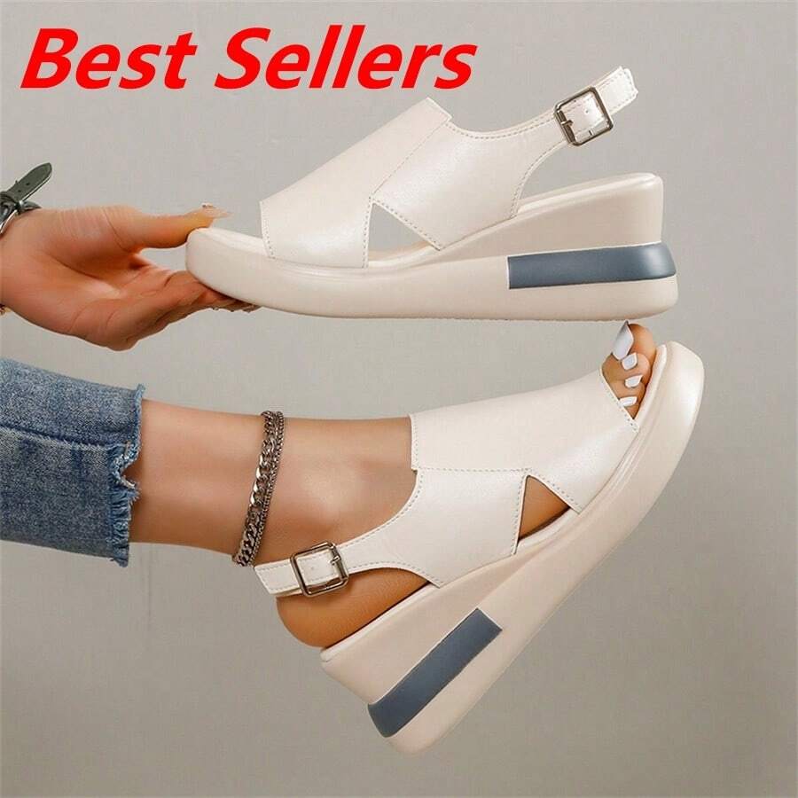 Giày sandal đế xuồng mới năm 2026 dành cho nữ, thời trang mùa hè, đa năng, nhẹ, hở mũi, cao gót kiểu La Mã. - Màu be - Xem 1