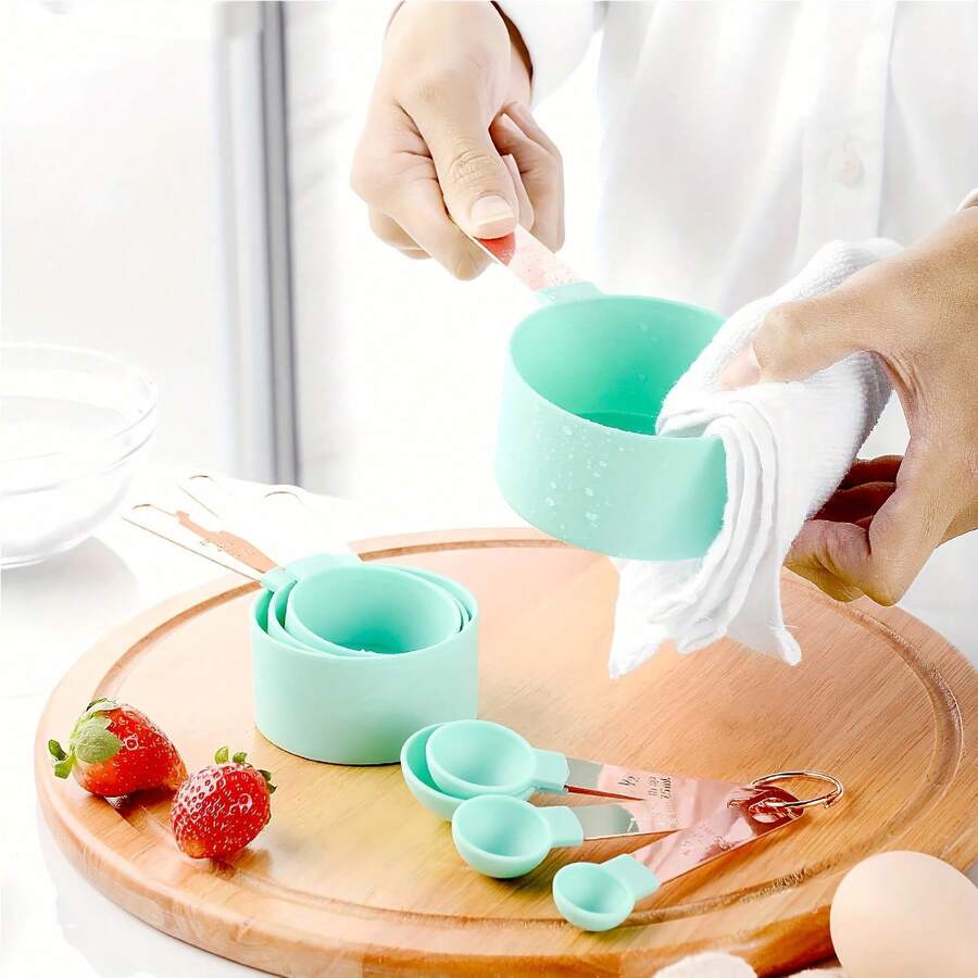 8件組不鏽鋼量杯與量匙套組,附手柄,咖啡匙、麵粉匙,適用乾濕食材,可洗碗機清洗,烹飪與烘焙必備廚房工具 - 彩色 - 查看 1