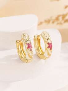 1 Pair Fashion New Gilded Copper Floral Enamel Hoop Earrings, Suitable For Women And Girls - Pink - View 5