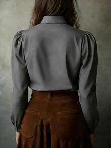 Kemeja Lengan Panjang Wanita Warna Polos Elegan, Blus Kasual Serbaguna untuk Semua Musim - Grey - View 2