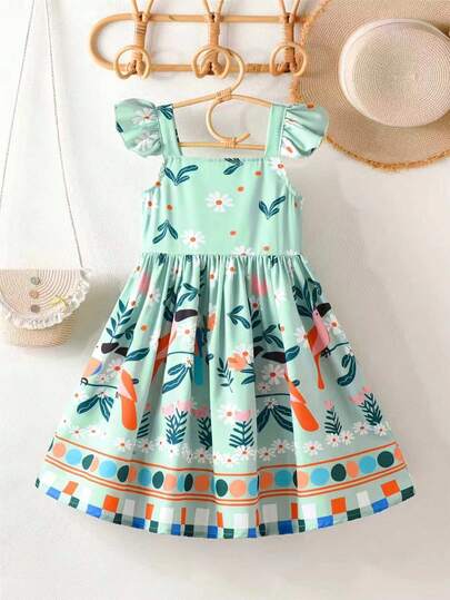 Young Girl Casual Cold-Shoulder Dress With Zipper Back, Green Jungle Print Sleeveless Princess Dress: Ruffled Shoulder Straps Are Playful And Cute, Dress Body Fully Printed With Parrots, Daisies And Green Plants, Fresh And Lively, Hem Decorated With Contrasting Geometric Stripes For Layered Look, Forest-Themed Childlike Style, Suitable For Outdoor Play And Daily Outings, Comfortable Fabric Balances Aesthetics And Mobility