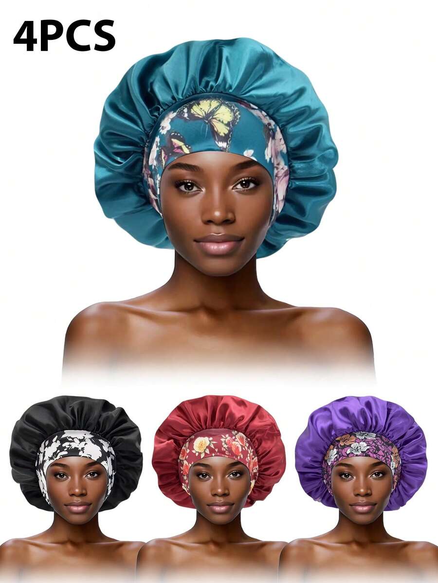 4pcs Women's Silk Sleep Cap, Elastic Wide-Banded Printed Soft Silk Sleep Hat Suitable For Curly Hair (Random Printed Pattern) - Multicolor 4pcs - View 1