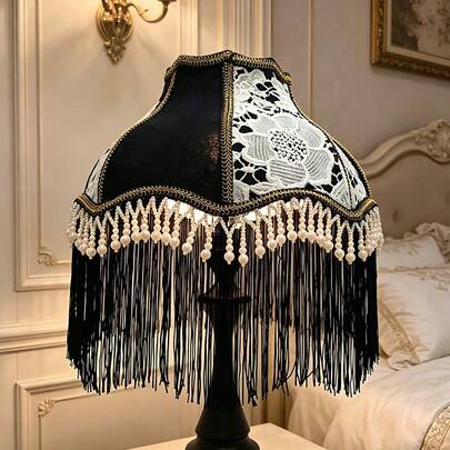 French Retro Black & Green Lace Pearl Tassel Lampshade, European Vintage Embroidered Lampshade For Bedroom Bedside/Floor Lamp, Excluding Lamp Base/Shade Only