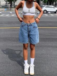 Women's Solid Color Casual Bermuda Denim Shorts, Summer - 中等水洗 - 查看 6