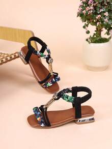 1 Paar süße, farbenfrohe Mädchen Schal gewebte Sandalen mit niedrigem Absatz, weiche Sohle rutschfeste elastische Bänder Mädchen Prinzessinnenschuhe, vielseitig tragbare Outdoor Mädchen Sandalen, atmungsaktive Kinderkleider Schuhe, geeignet für den täglichen Gebrauch, Partys und Outdoor-Aktivitäten - Schwarz - Übersicht 1