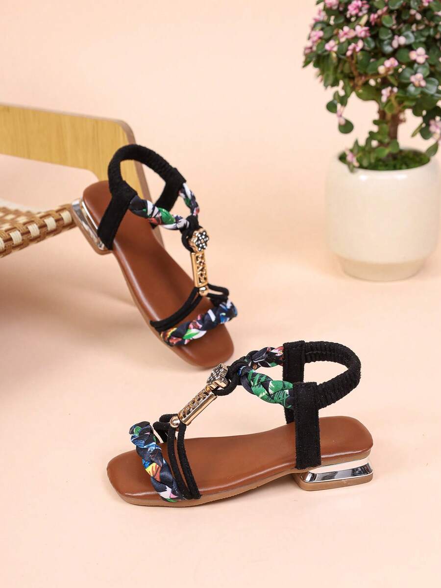 1 Paar süße, farbenfrohe Mädchen Schal gewebte Sandalen mit niedrigem Absatz, weiche Sohle rutschfeste elastische Bänder Mädchen Prinzessinnenschuhe, vielseitig tragbare Outdoor Mädchen Sandalen, atmungsaktive Kinderkleider Schuhe, geeignet für den täglichen Gebrauch, Partys und Outdoor-Aktivitäten - Schwarz - Übersicht 1