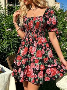 Đầm đi biển dáng bohemian in hoa lá, thắt nơ phía trước, xếp ly, màu đen, thích hợp cho kỳ nghỉ. - màu đen - Xem 3