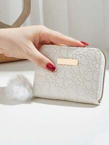 Cartera Corta con Cremallera en Piel Sintética Estampada Corazones y Tréboles, Monedero Kawaii con Pompon Suave para Mujer, Porta Tarjetas Compacto para Uso Diario - Caqui - Ver 7