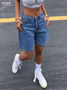 Women's Solid Color Casual Bermuda Denim Shorts, Summer - 深色洗 - 查看 13