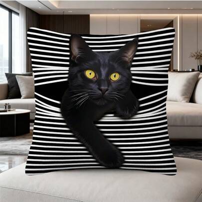 1pc Funny Black Cat Pillow Covers, Cat Room Decor, Whimsical Kitten Black And White Striped Decorative Throw Pillow Covers Pillowcases For Bedroom Living Room Home Decor (Single-Sided Print, Pillow Insert Not Included)