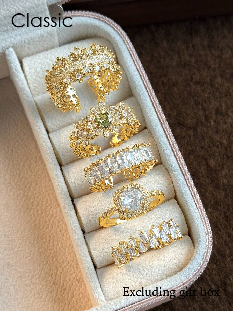 5件套优雅派对时尚奢华铜质微镶锆石独特几何花卉日常及结婚戒指套装，女士款