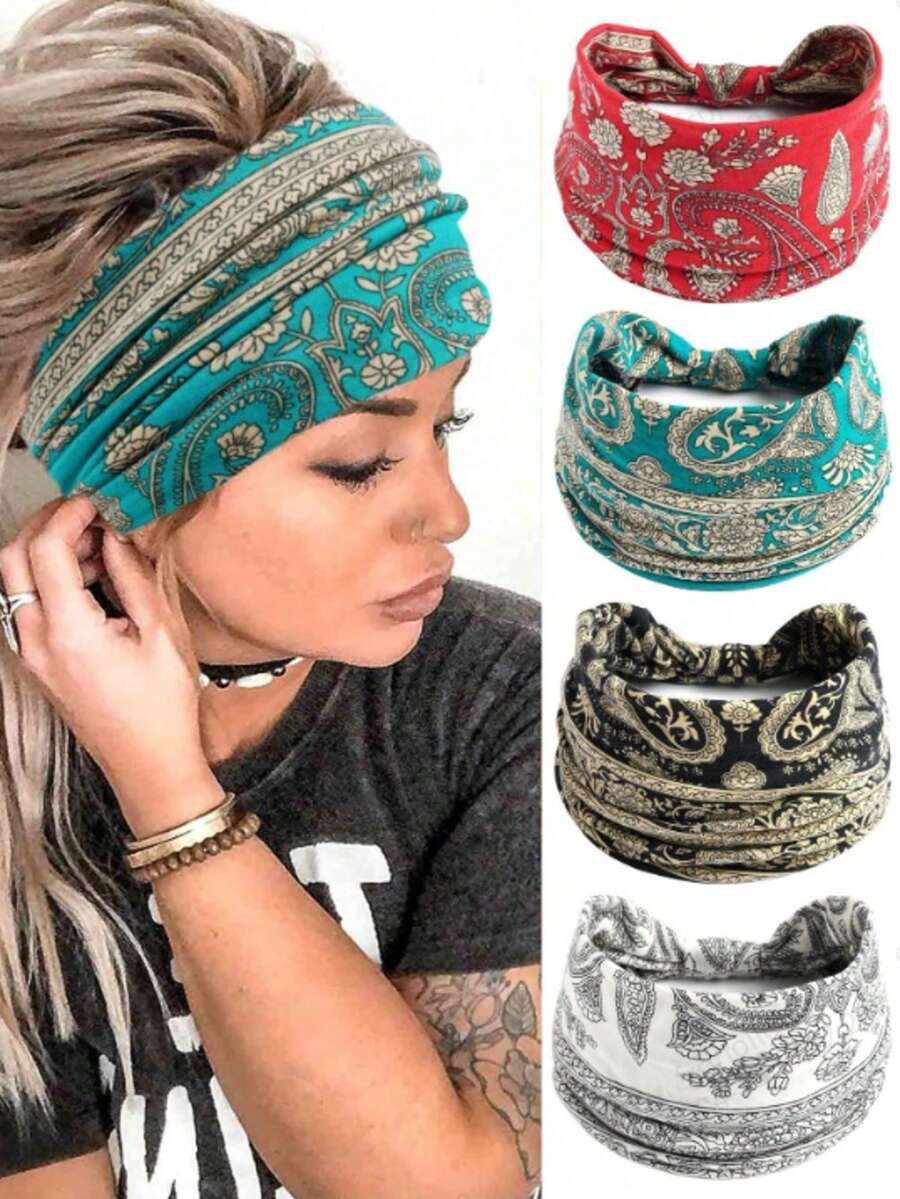 4pcs Bohemian Retro Style Big Floral Pattern Wide Headbands, Sweat-Absorbent Sports Headbands For Women, Yoga Running,Festival,Party - Multicolor - View 1