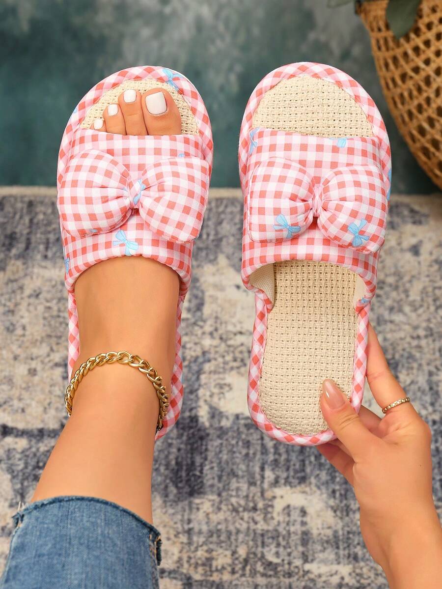 1 par de pantuflas de lino con lazo 3D a cuadros, estilo dulce Ins, suela suave y transpirable, adecuado para mujeres en todas las estaciones - Rosa Fucsia - Ver 1