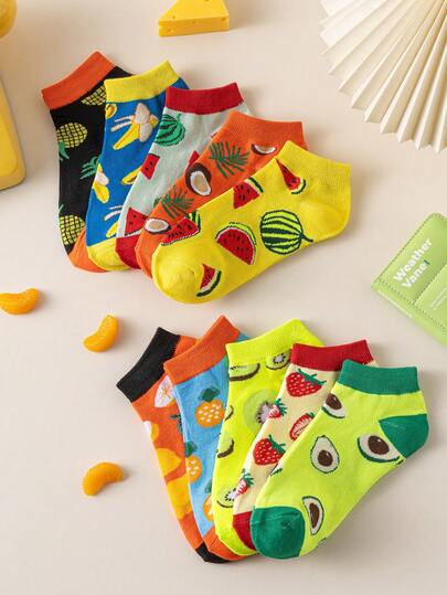 5 Pairs Random Fruit Print Cute Kids Socks, Spring/Summer Boys/Girls Cotton Breathable Non-Slip Casual Socks For Daily Wear, School