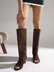 2025新款小猫跟褶皱过膝长靴，尖头复古高筒骑马靴 - 咖啡棕 - 查看 7
