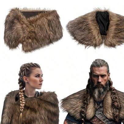 1PC Faux Fur Shawl - Medieval Warrior Costume Accessory, With Collar, Realistic Fur Texture, For Halloween, Cosplay, Renaissance Fair, Halloween Costume, Cosplay Accessory, Vintage Style, Cosplay Enthusiast