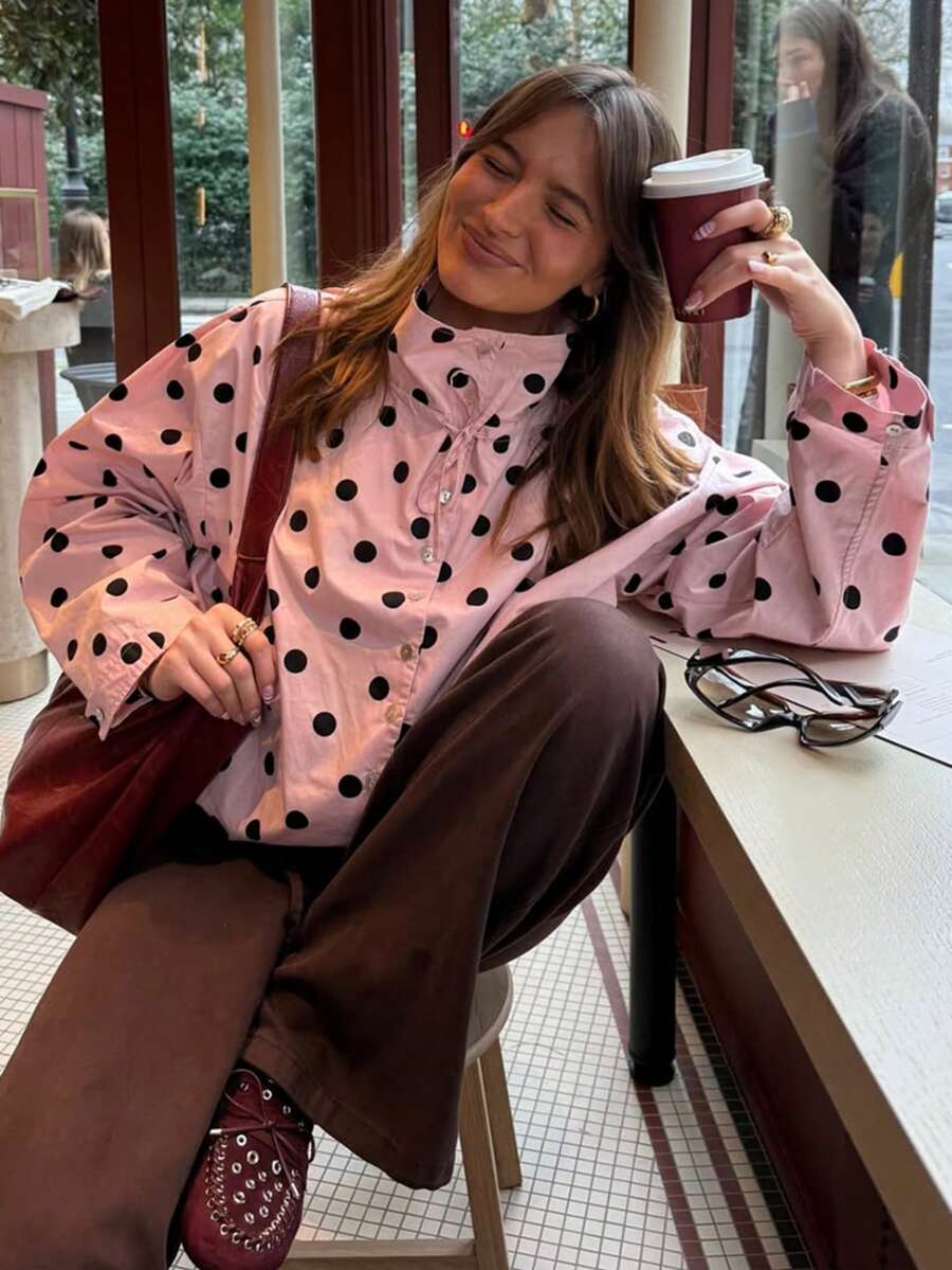 Áo khoác bomber chấm bi hồng Casaul Chic tay dài cài nút, áo sơ mi mùa hè, áo khoác ngoài phong cách đường phố Y2K, áo cổ đứng, áo kiểu. - Hồng - Xem 1