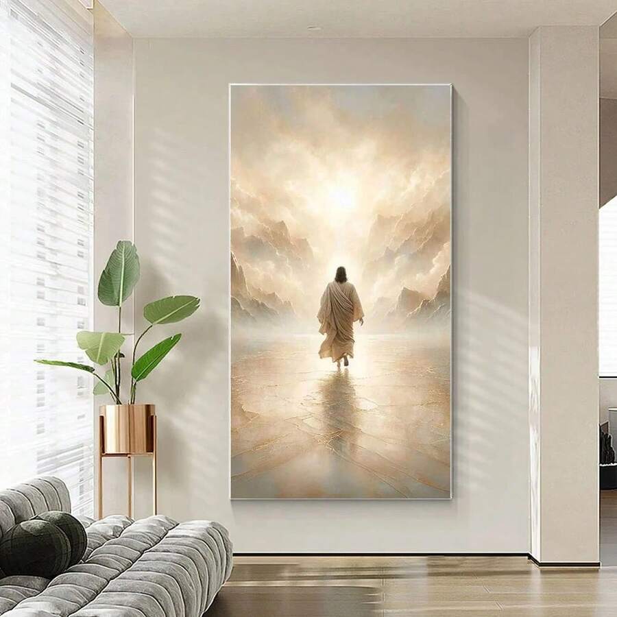 这是一幅无框帆布画，描绘了耶稣在水面上行走的场景。这幅以圣经为主题的艺术作品，既可作为现代装饰品摆放在客厅或卧室，也是墙面装饰的理想之选，更是一份贴心的礼物。 - 耶穌在水面上行走 - 查看 1