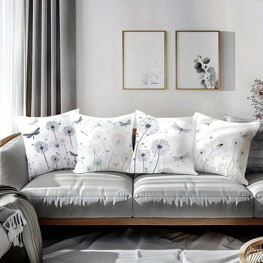 4Pcs Dandelion & Dragonfly Single-Sided Printed Peach Skin Velvet Pillow Covers, Decorative Cushion Cases For Sofa Bedroom Living Room Home Decor, Pillow Inserts Not Included - Multicolor - View 1