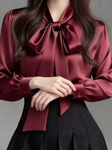 Camisa casual de manga larga de satén blanco elegante para mujer, blusa versátil para ir al trabajo con detalle de cuello con lazo - unicolor apto para todas las estaciones, lavable a máquina, no transparente, tela suave y transpirable, textura de satén refinada, corbata de unicolor para la oficina y uso diario en primavera - Burdeos - Ver 6