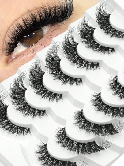 NAIJEMA 7 Pairs Fluffy Faux Mink Eyelashes, Fox Eye, Cat Eye, Lengthening, Volumizing, Natural Look, Soft Curly 3D Effect Lashes, Suitable For Party, Daily Wear, Applicable For Various Occasions