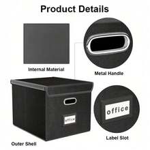 Luminpool Portable File Organiser Box With Lid, Foldable Filing Storage Boxes With Plastic Slide, Decorative Home/Office Filing System For File And Folders Storage (Black) - Black - View 3