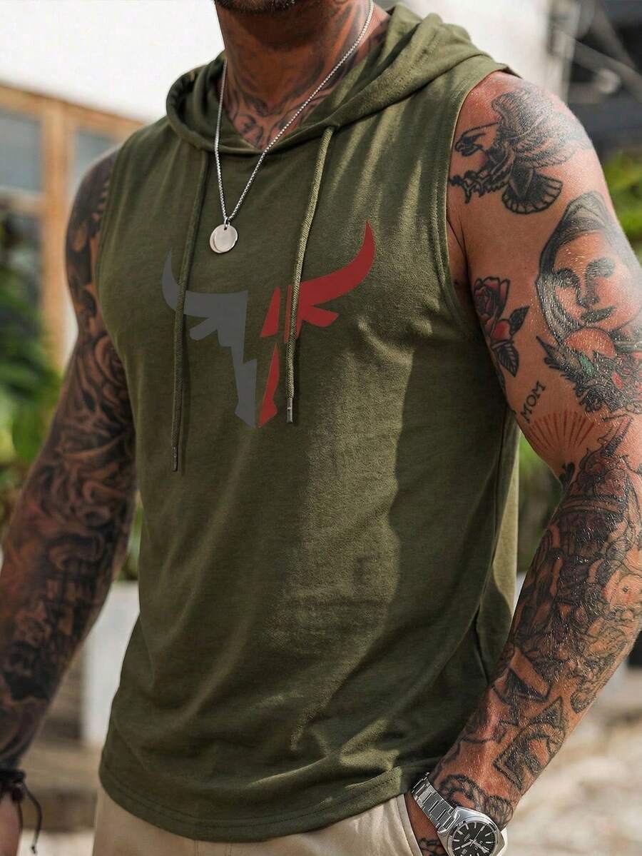 男士牛角印花无袖连帽卫衣，夏季款 - 軍綠色 - 查看 1