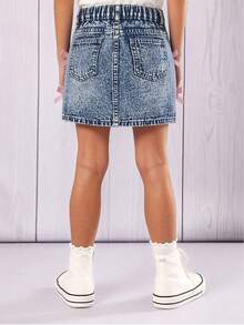 Young Girl's Sweet & Cute Light Wash Denim Bow Decor Hip-Covering Skirt, Fashionable Elastic Waist, Suitable For All Seasons - Light Wash - View 3