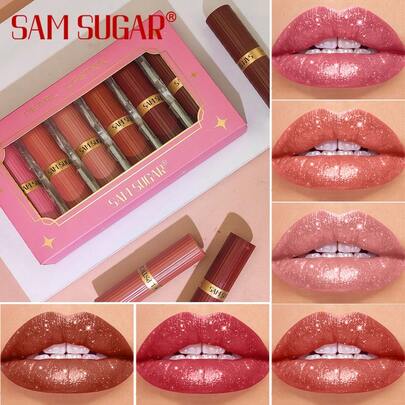  Set de 6 barras de labios de chocolate de colores pearlescentes y mate de SAM SUGAR, que no se decoloran fácilmente, mate y resistente al agua